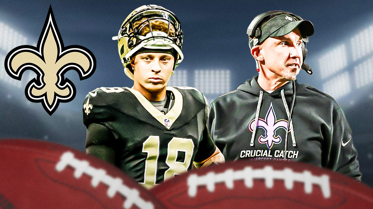 New Orleans Saints QB Spencer Rattler with RB Alvin Kamara and head coach Dennis Allen. There is also a logo for the New Orleans Saints.