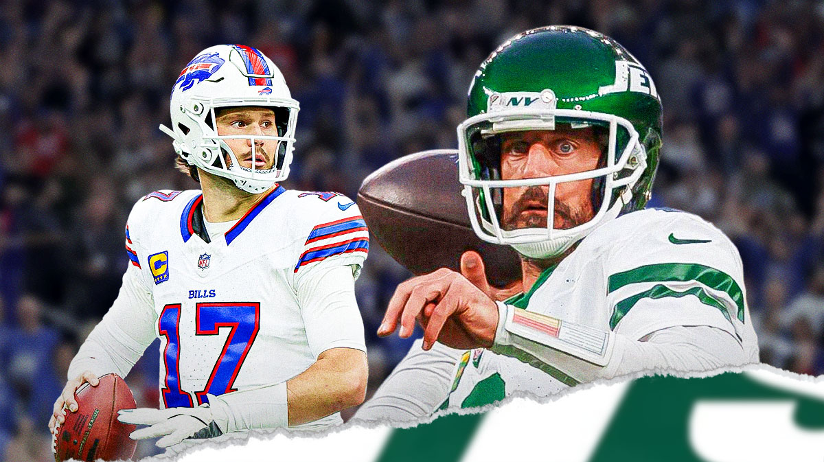 Aaron Rodgers holds football next to Josh Allen