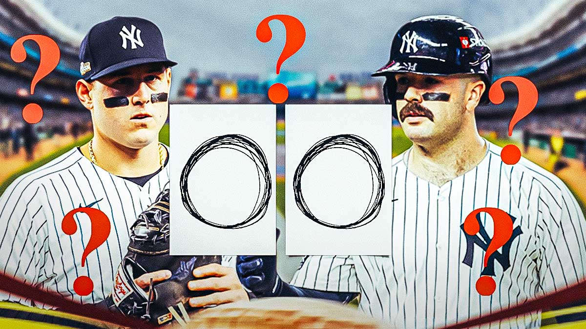Anthony Rizzo and Austin Wells are next to each other, next to the paper lineup with a circle and a line drawn through it. Question mark emojis surround them.