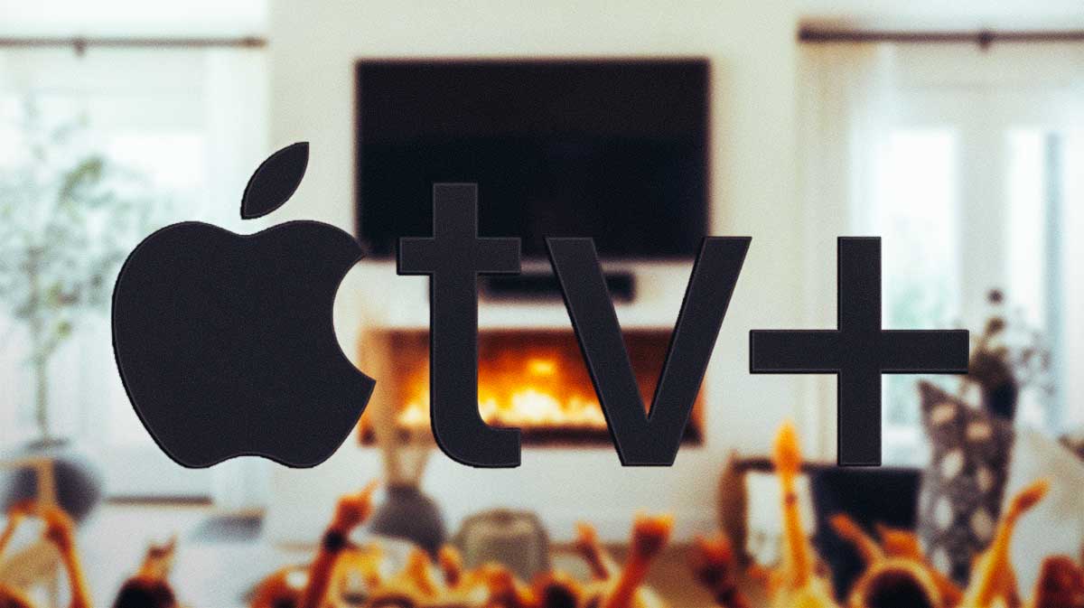 Apple TV+ logo in front of living room.