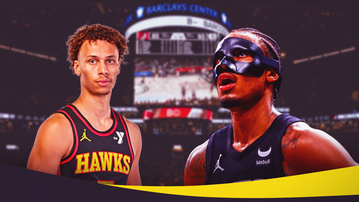 Nic Claxton (Nets) screaming at Dyson Daniels (Hawks)