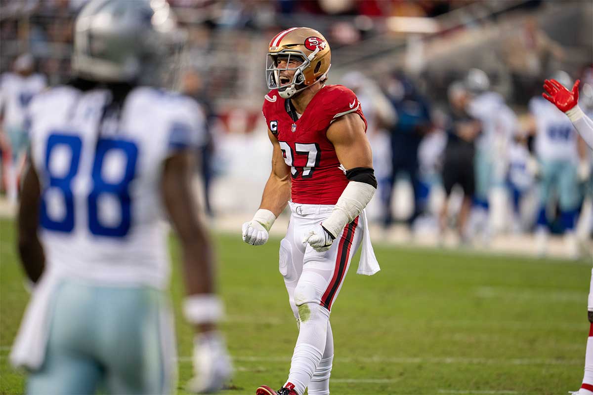 Oct 27, 2024; Santa Clara, California, USA; San Francisco 49ers defensive end Nick Bosa (97) celebrates after the sack of Dallas Cowboys quarterback Dak Prescott (not pictured) during the second quarter at Levi's Stadium.