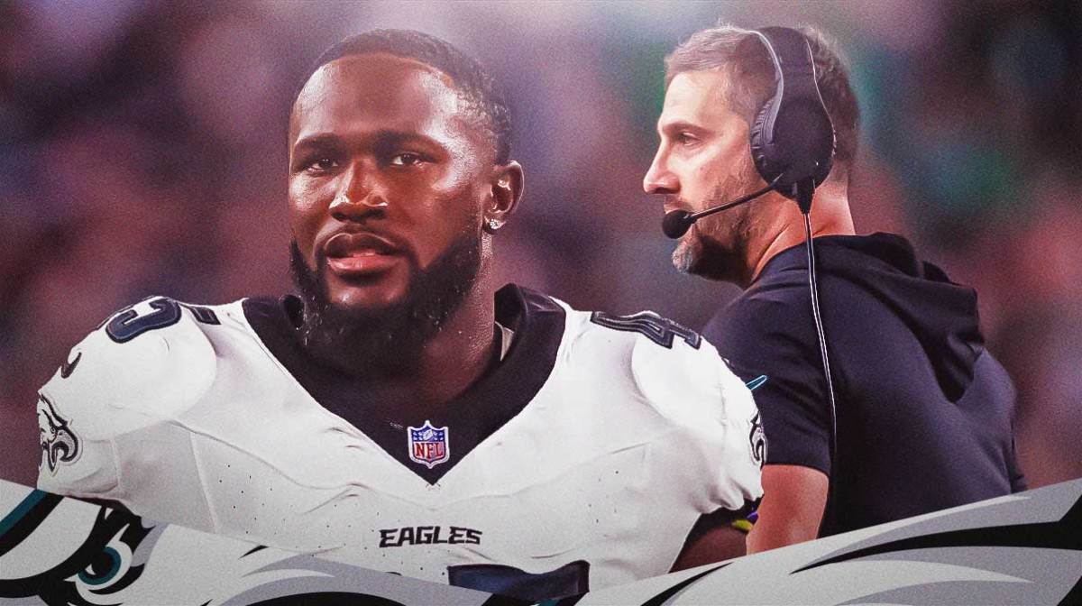 Nick Sirianni next to Devin White in front of the Eagles stadium