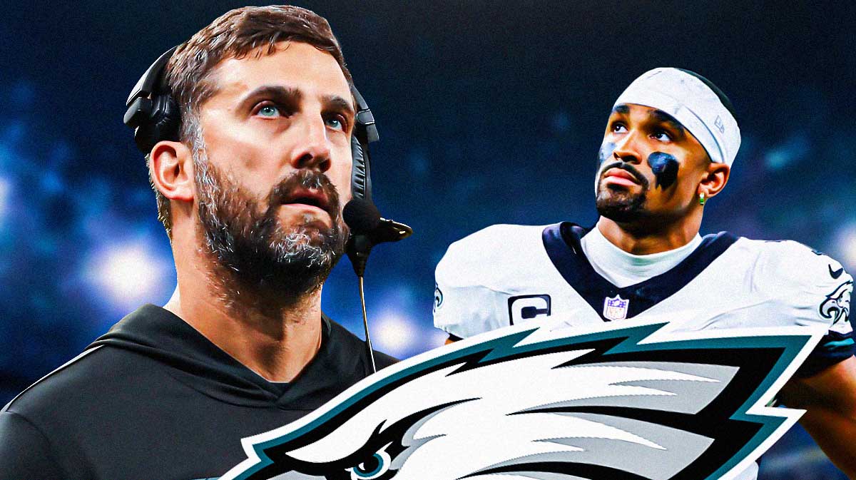 Philadelphia Eagles coach Nick Sirianni with a speech bubble that has the three dots emoji inside. He is next to QB Jalen Hurts. There is also a logo for the Philadelphia Eagles.