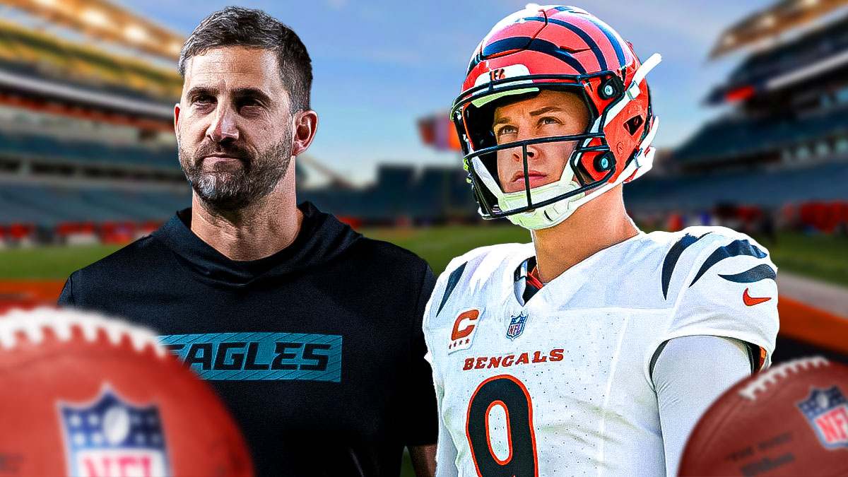 Nick Sirianni next to Joe Burrow in front of the Bengals stadium