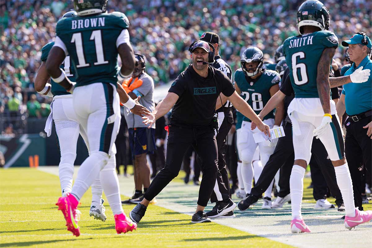 Philadelphia Eagles head coach Nick Sirianni reacts to the touchdown pass and catch of quarterback Jalen Hurts (1) and wide receiver A.J. Brown (11) during the second quarter against the Cleveland Browns at Lincoln Financial Field.