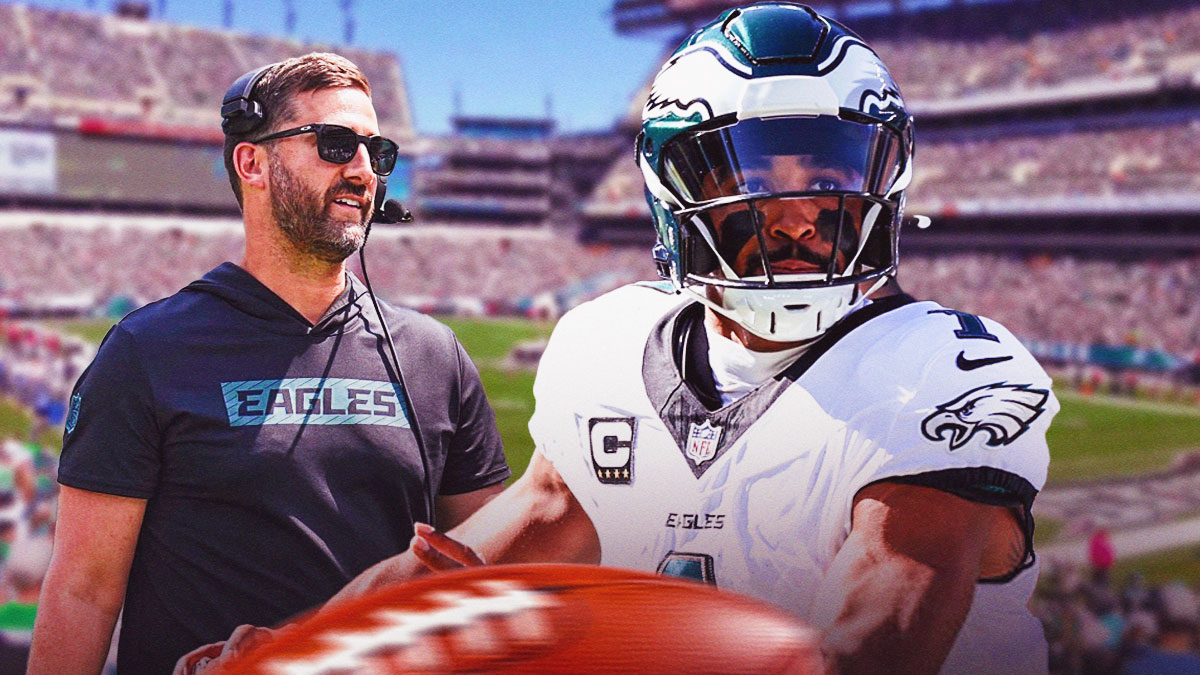 Nick Sirianni next to Jalen Hurts in front of the Eagles stadium.