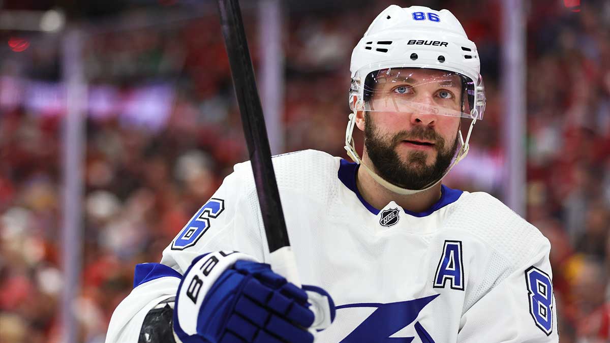 Tampa Bay Lightning right wing Nikita Kucherov (86) looks on against the Florida Panthers during the second period in game one of the first round of the 2024 Stanley Cup Playoffs at Amerant Bank Arena.