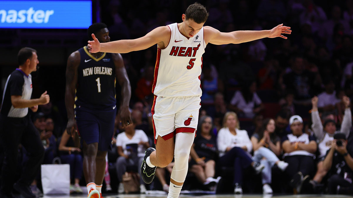 Miami Heat forward Nikola Jovic (5) reacts after scoring against the New Orleans Pelicans during the second quarter at Kaseya Center.