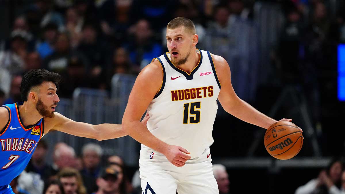 Oklahoma City Thunder forward Chet Holmgren (7) defends on Denver Nuggets center Nikola Jokic (15) in the first quarter at Ball Arena.