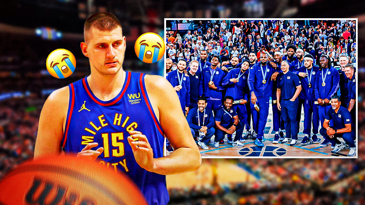 Denver Nuggets center Nikola Jokic looking disappointed with crying emojis around him, as there's a photo of the USA Basketball team with Gold Medals.