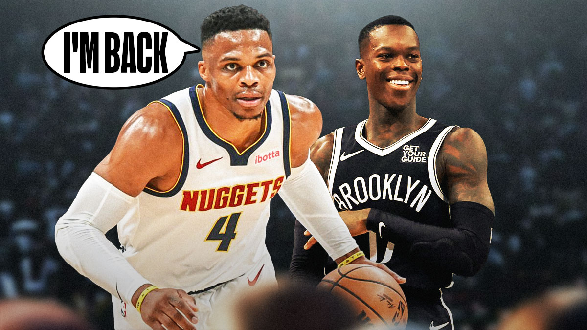 Nuggets' Russell Westbrook hyped up, with speech bubble: I'M BACK, with Nets' Dennis Schroder beside him, smiling