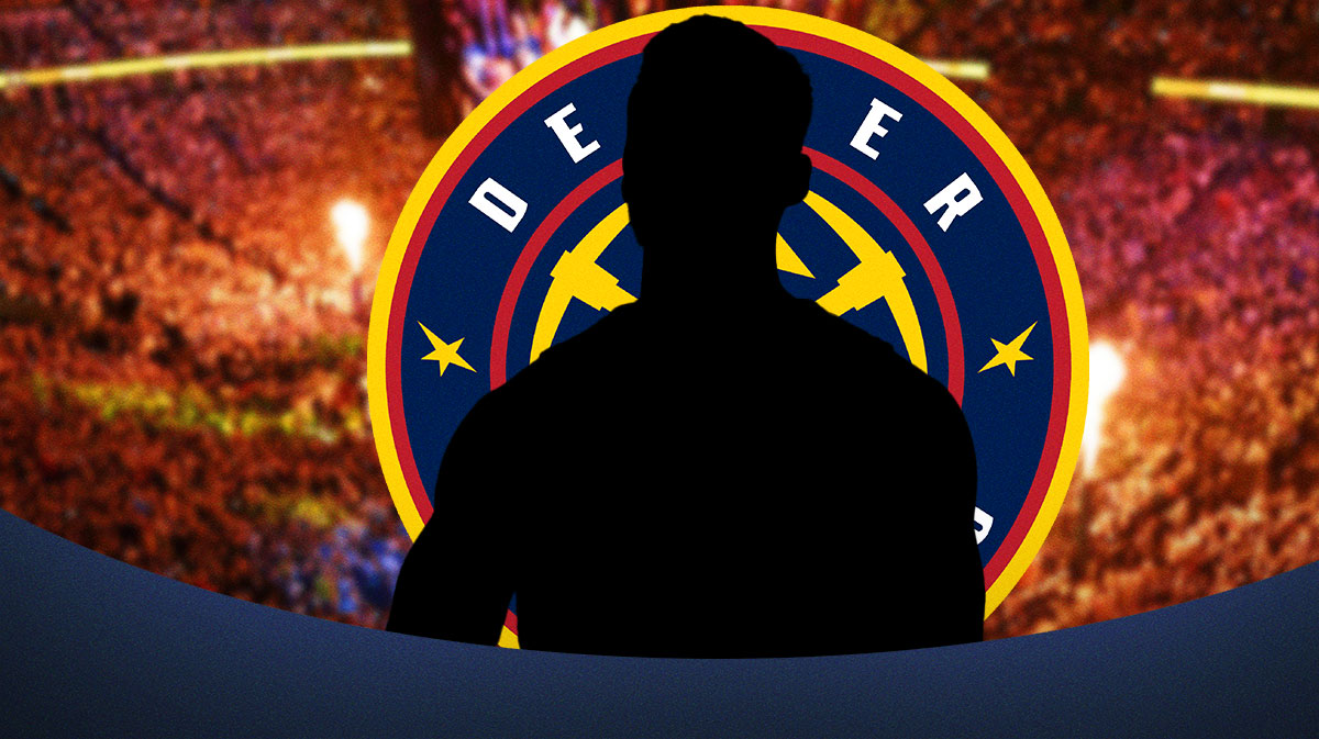 Nuggets logo, silhouette of Christian Braun, fireworks in the background