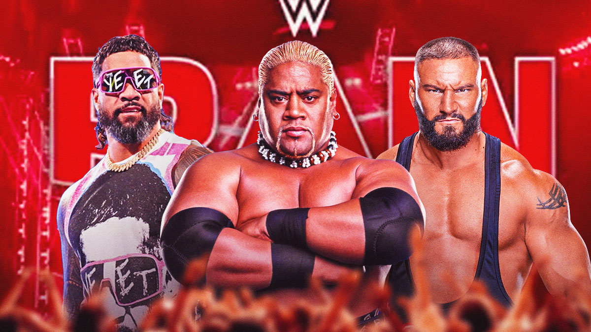 Rikishi in the middle, Jey Uso on the left and Bron Breakker on the right with the RAW logo as the background.