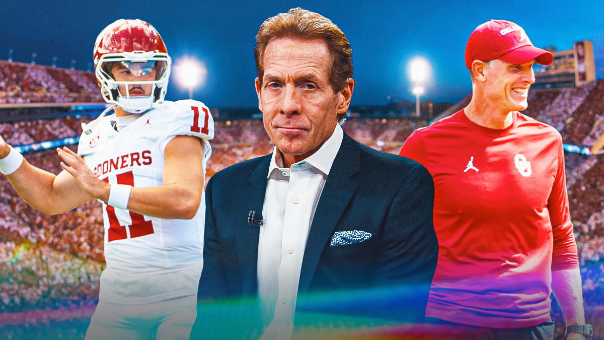 Skip Bayless next to Brent Venables and Jackson Arnold in front of an Oklahoma Sooners motif.