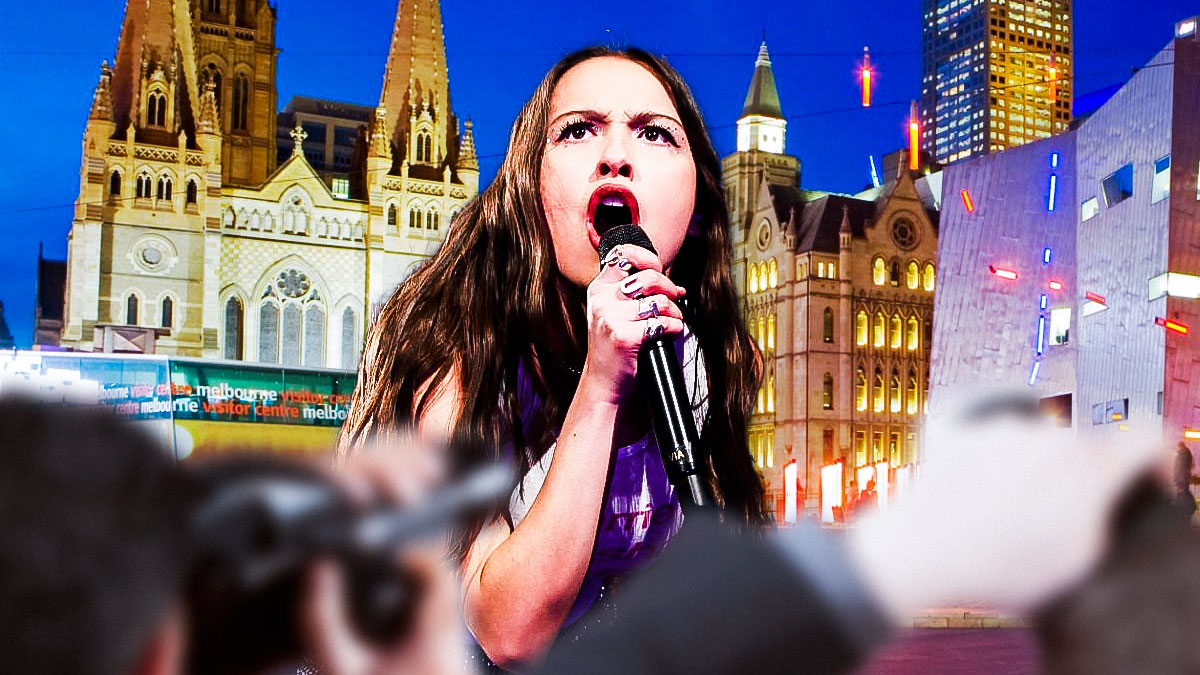 Olivia Rodrigo, who is on her Guts World Tour, with Melbourne, Australia, background.
