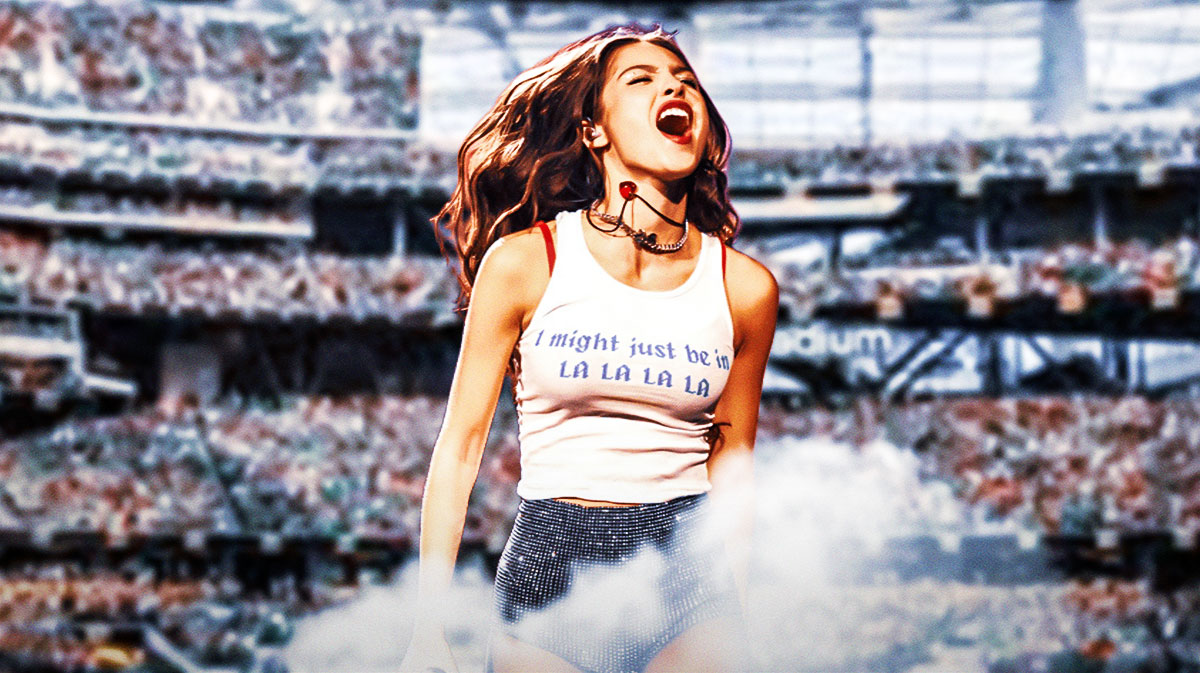 Olivia Rodrigo, who is on her 2024 Guts World Tour, with SoFi Stadium background.