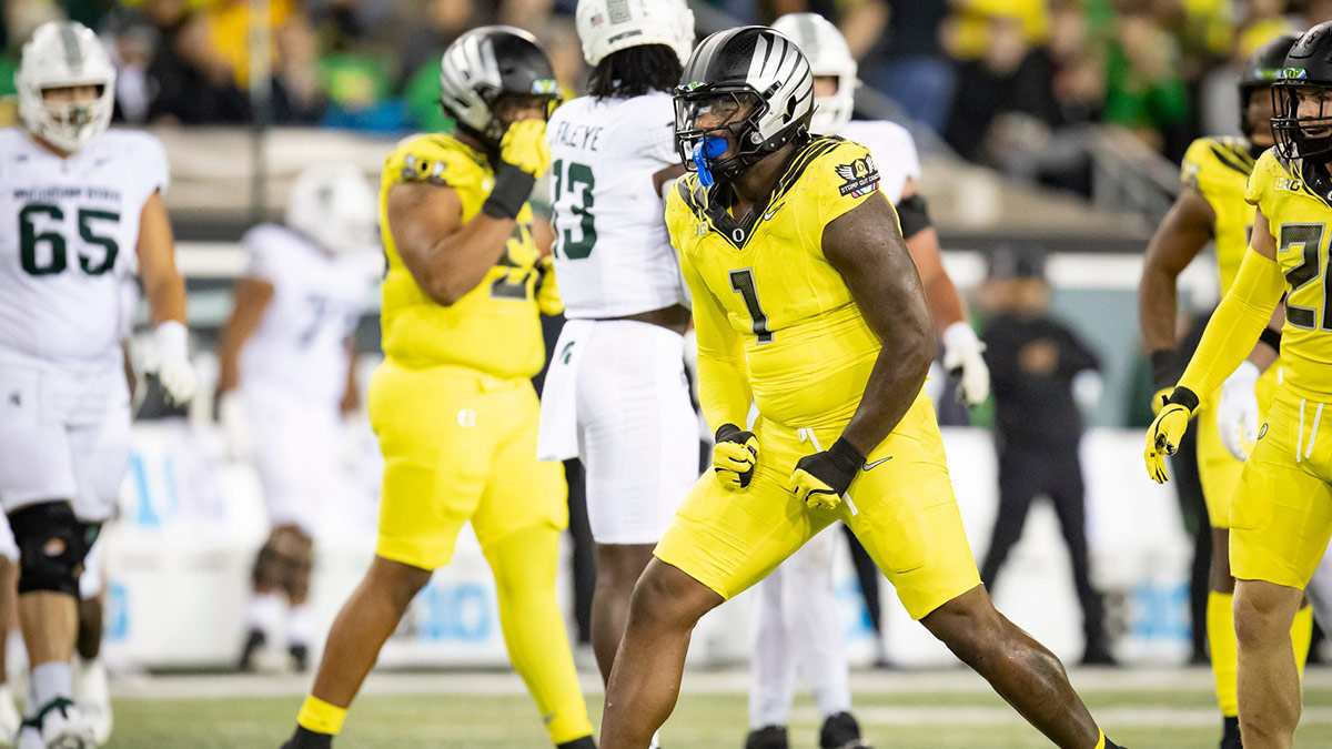 Oregon Ducks defensive end Jordan Burch celebrates a sack as the Ducks host the Spartans Friday, Oct. 4, 2024 at Autzen Stadium in Eugene, Ore.