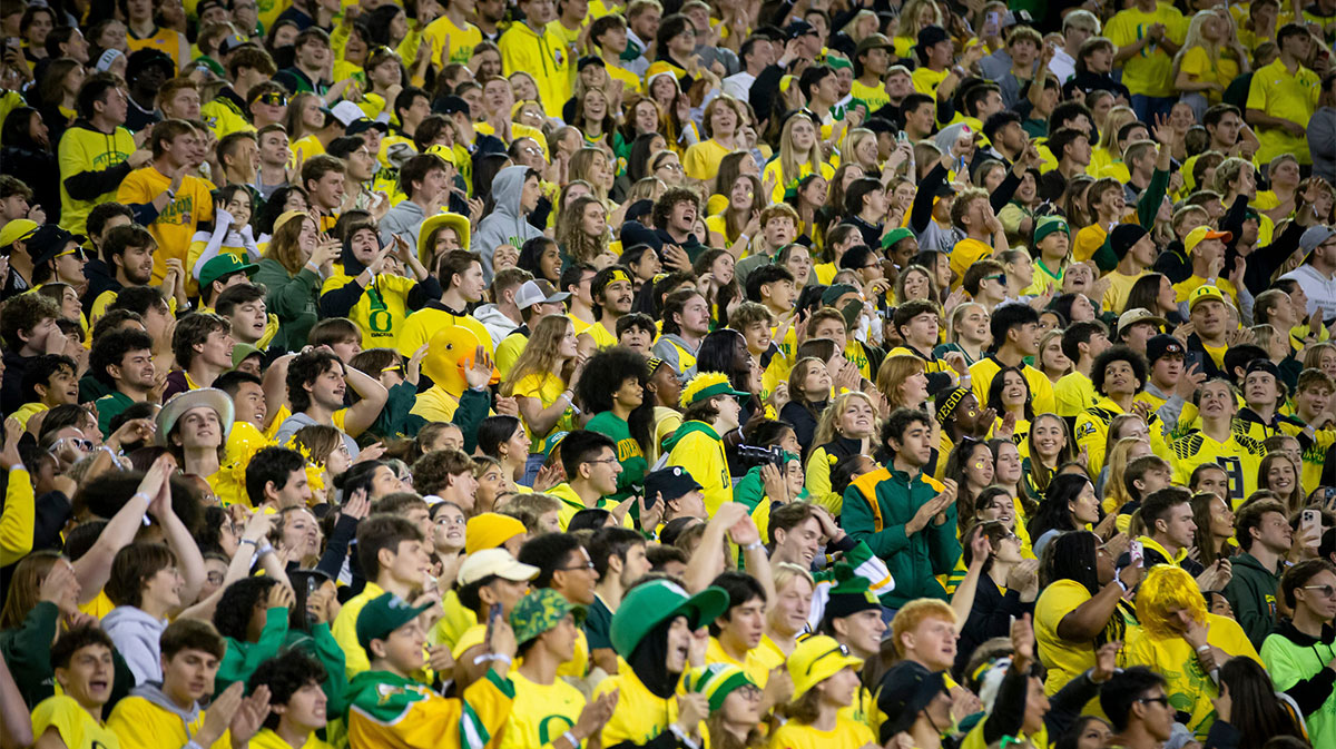 Oregon Ducks students sing and dance along to “Shout” as the Ducks host the Spartans Friday, Oct. 4, 2024 at Autzen Stadium in Eugene, Ore.
