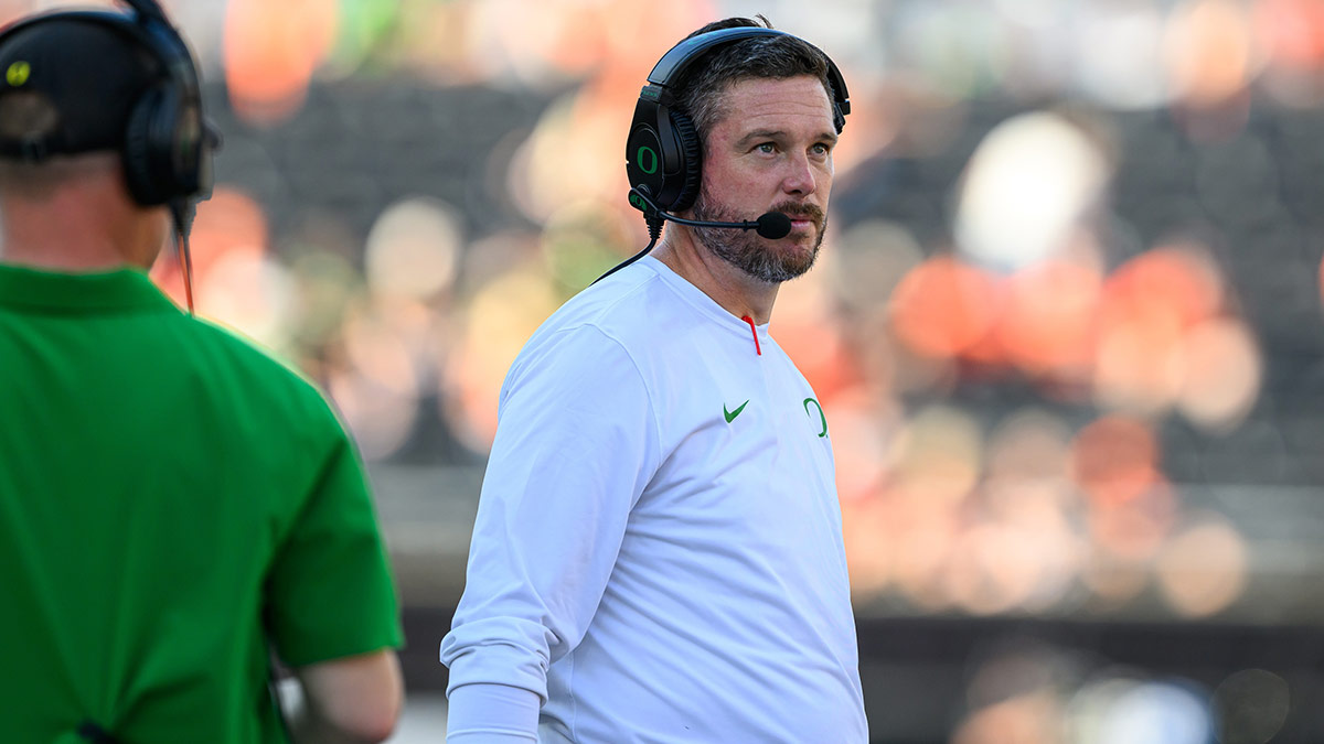 Oregon Ducks head coach Dan Lanning looks toward the scoreboard during the second half against the Oregon State Beavers at Reser Stadium.