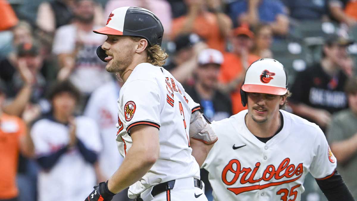  Baltimore Orioles shortstop Gunnar Henderson (2) celebrates with designated hitter Adley Rutschman (35) after hitting a first inning home run against the Chicago White Sox at Oriole Park at Camden Yards.