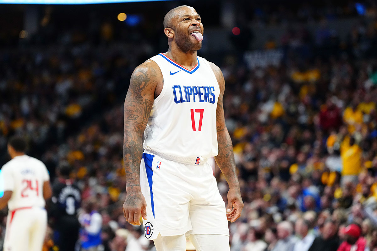 LA Clippers forward PJ Tucker (17) reacts to a turnover in the second half in the NBA game against the Denver Nuggets at Ball Arena.