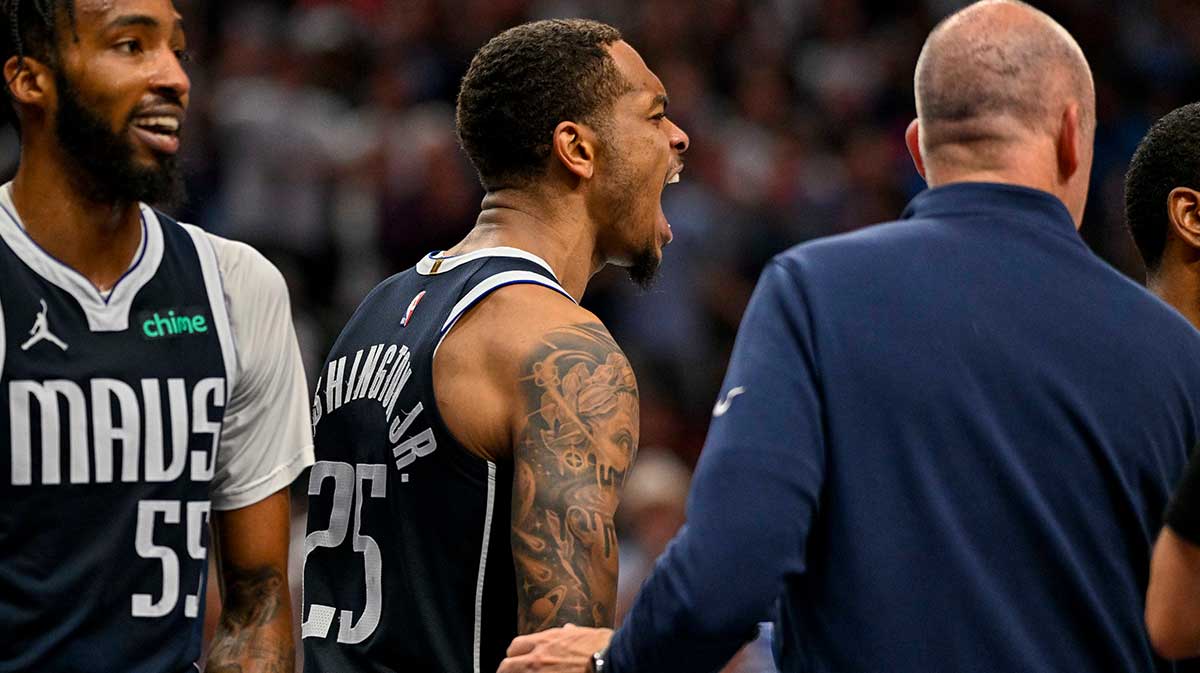 Dallas Mavericks forward P.J. Washington (25) yells at the Oklahoma City Thunder during the second half in game four of the second round for the 2024 NBA playoffs at American Airlines Center.