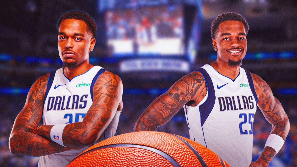 PJ Washington on left doing his Stand On Business pose. On right, Mavericks PJ Washington laughing/smiling.