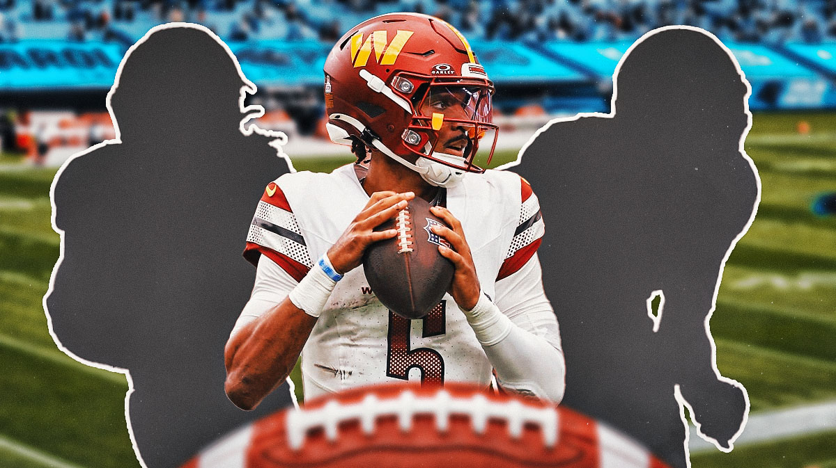 Jayden Daniels in the middle, a silhouette of a football running back on one side, a silhouette of a football wide receiver on the other side. Weekk 8 injury report