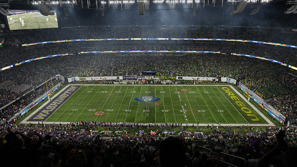 A general overall view of Allegiant Stadium during the Pac-12 Championship game between the Washington Huskies and the Oregon Ducks.