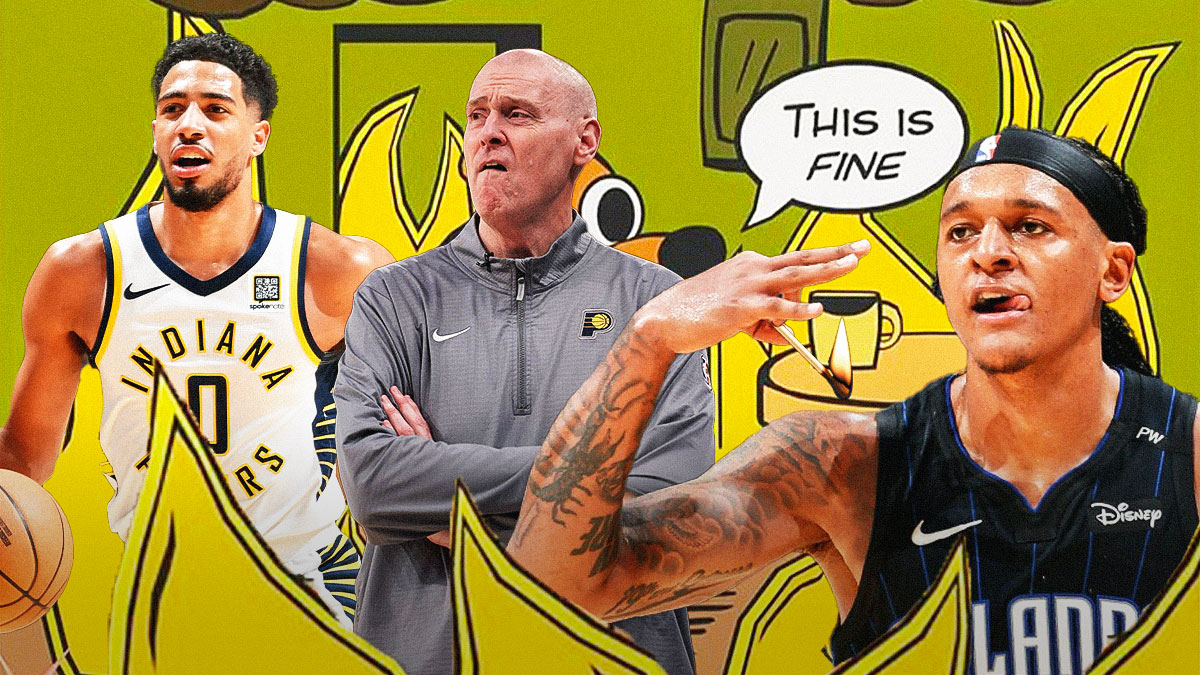 Pacers' Rick Carlisle and Tyrese Haliburton in the this is fine meme, with Magic's Paolo Banchero holding a matchstick