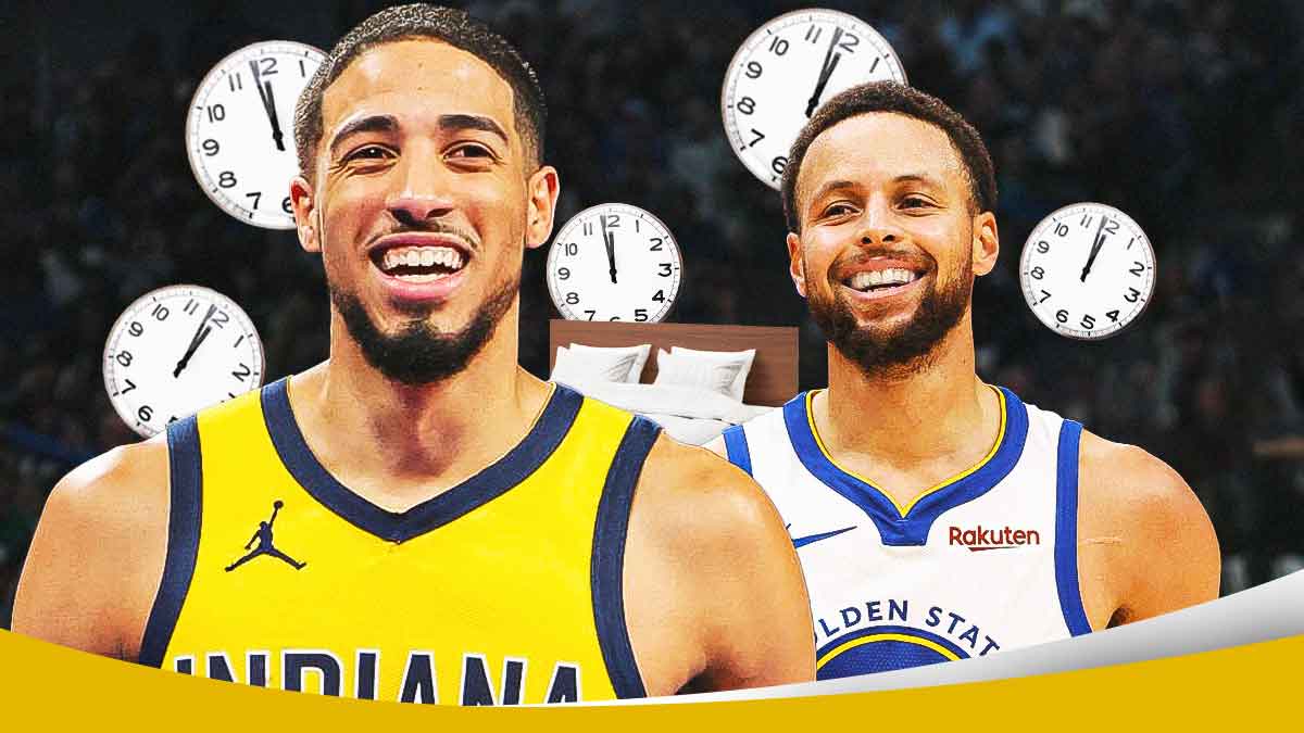 Pacers' Tyrese Haliburton laughing along with Warriors' Stephen Curry, with plenty of alarm clocks and a bed beside him