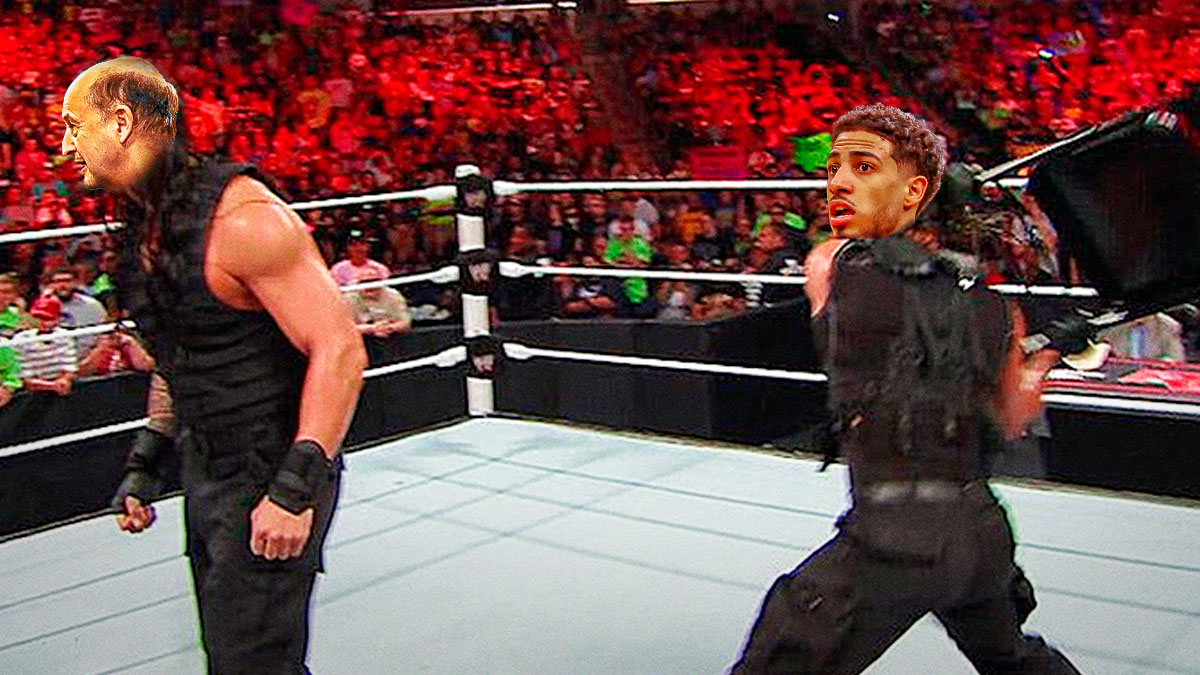 Pacers' Tyrese Haliburton as Seth Rollins, Jeff Van Gundy as Roman Reigns in the Shield's breakup photo