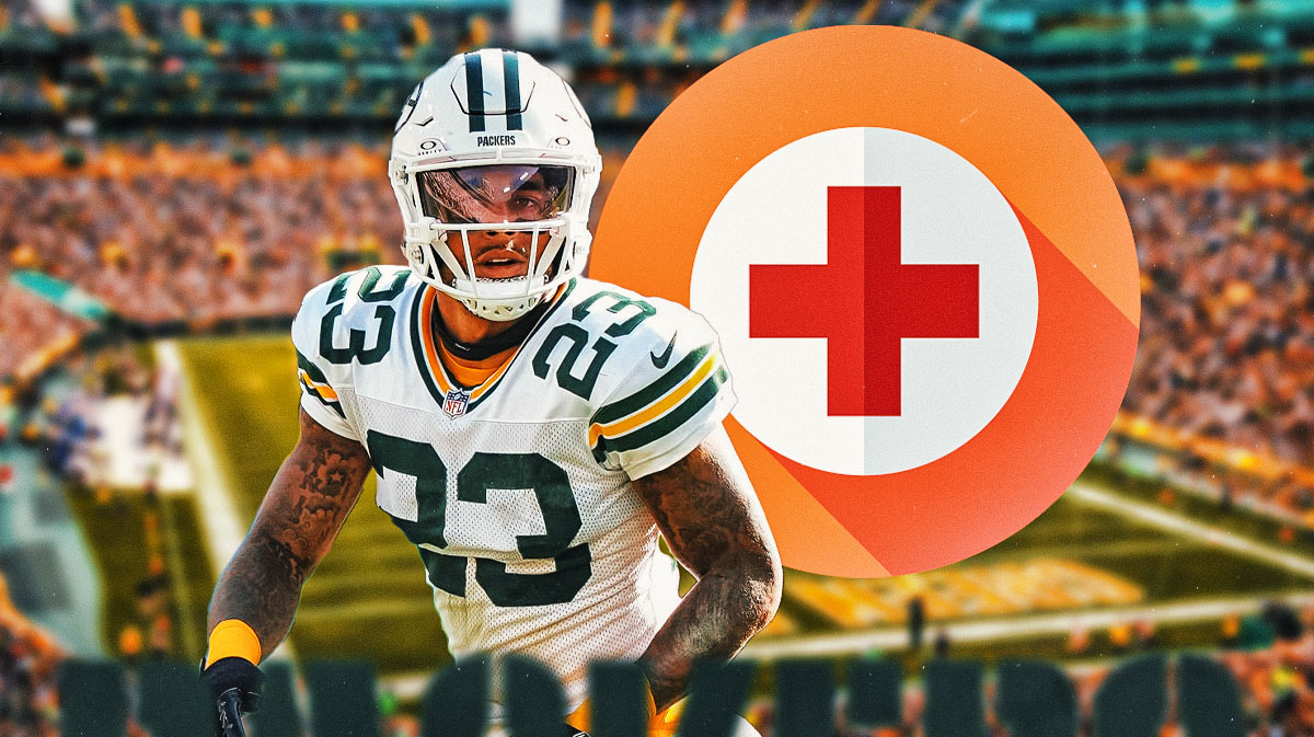 Jaire Alexander in Packers uniform with medical red cross symbol