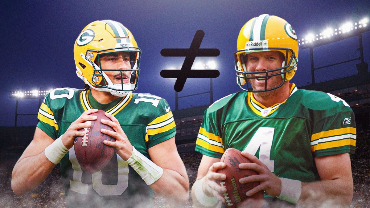 Packers Jordan Love on one side with a ≠ sign between him and Brett Favre in a Packers uniform.