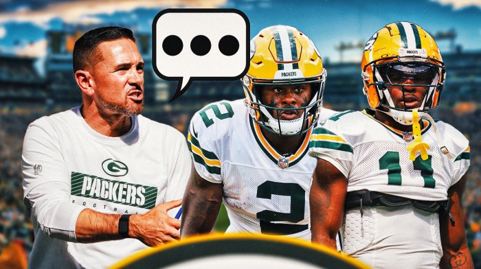 Green Bay Packers head coach Matt LaFleur with a speech bubble that has the three dots emoji inside. Next to him are Packers QB Malik Willis and WR Jayden Reed. There is also a logo for the Green Bay Packers.