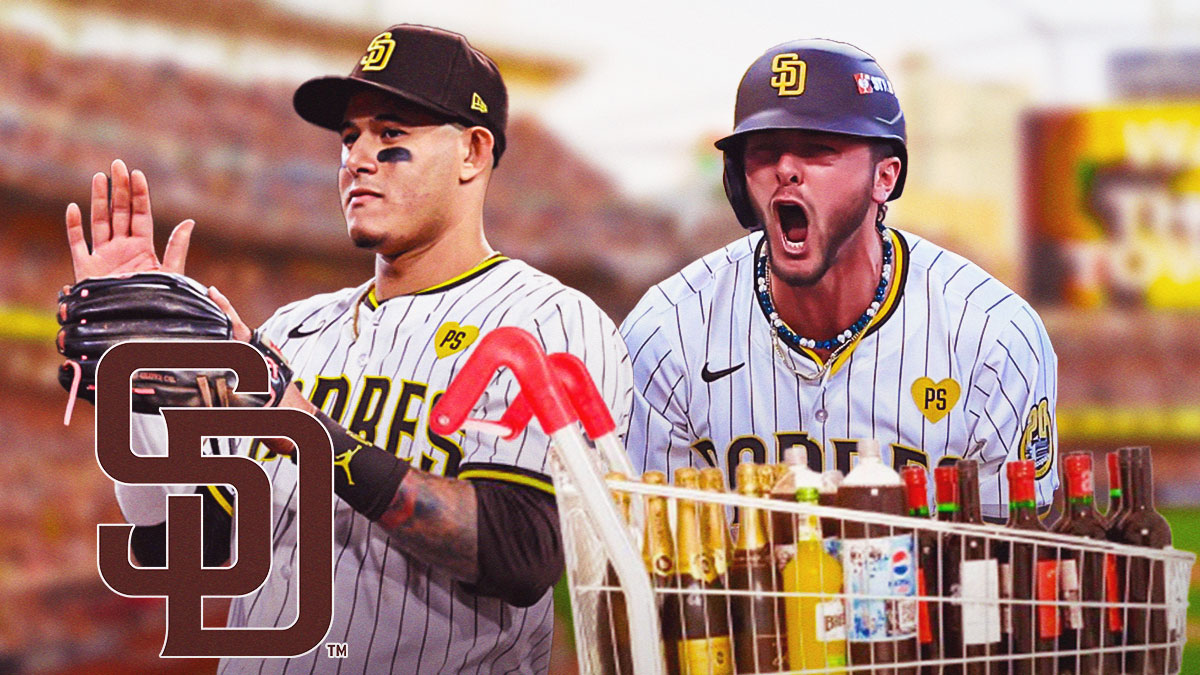 The Padres logo, Manny Machado, Jackson Merrill, and a cart full of champagne.