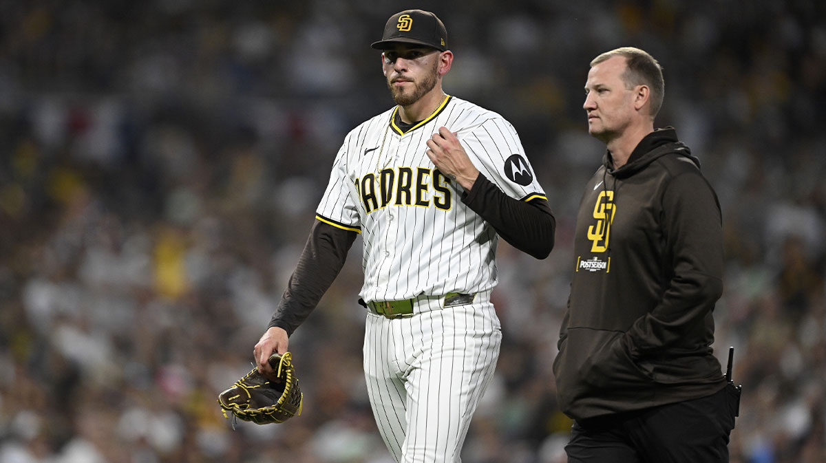 San Diego Padres pitcher Joe Musgrove (44) leaves the game during the fourth inning of game two in the Wildcard round for the 2024 MLB Playoffs against the Atlanta Braves at Petco Park.