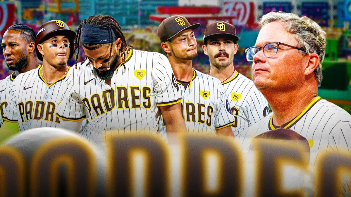 Padres manager Mike Shildt looking at a few players.