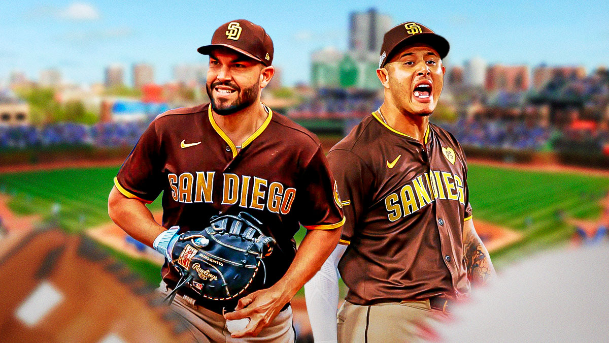 Former San Diego Padres star Eric Hosmer and Manny Machado in front of Petco Park.