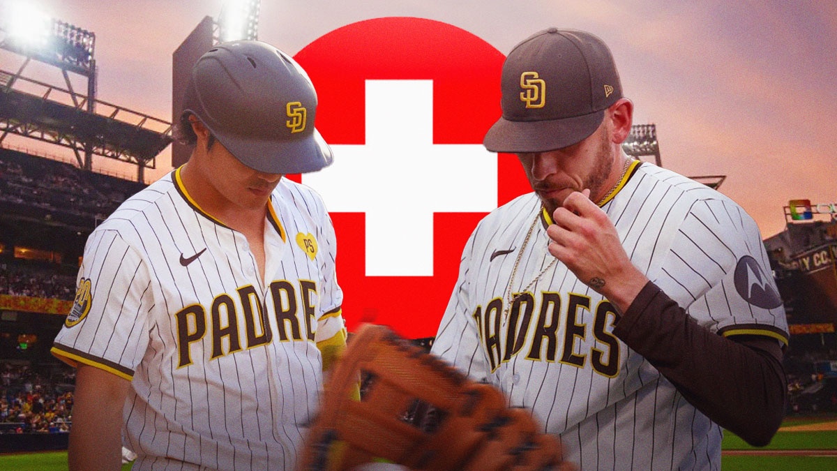 Joe Musgrove and Ha-Seong Kim in Padres uniform with medical Red Cross symbol