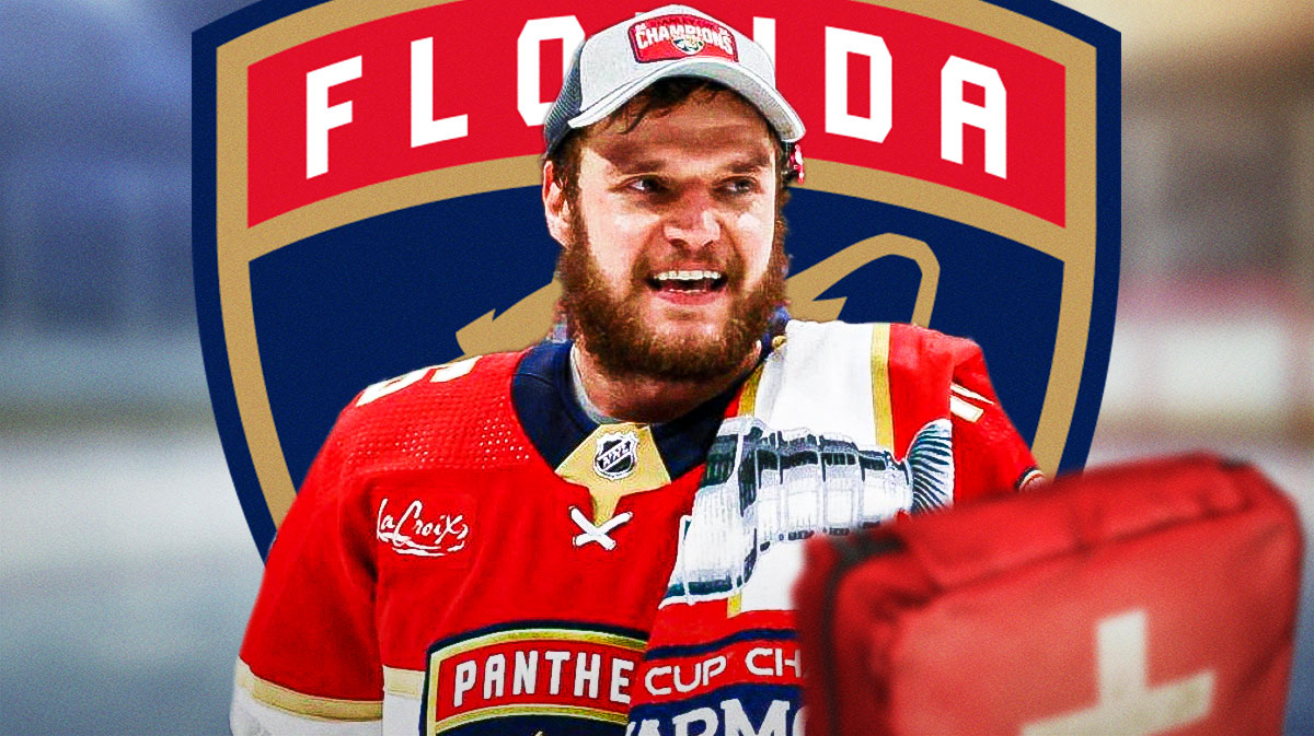Aleksander Barkov in image looking hopeful, first aid kit, Florida Panthers logo, hockey rink in background