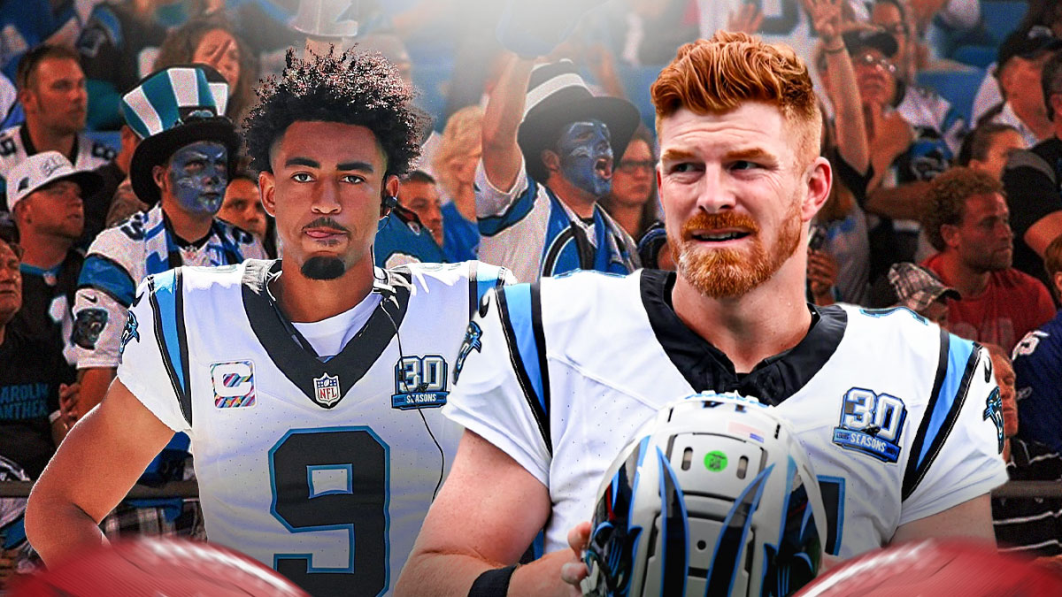 Panthers quarterbacks Andy Dalton and Bryce young in front of angry Panthers fans