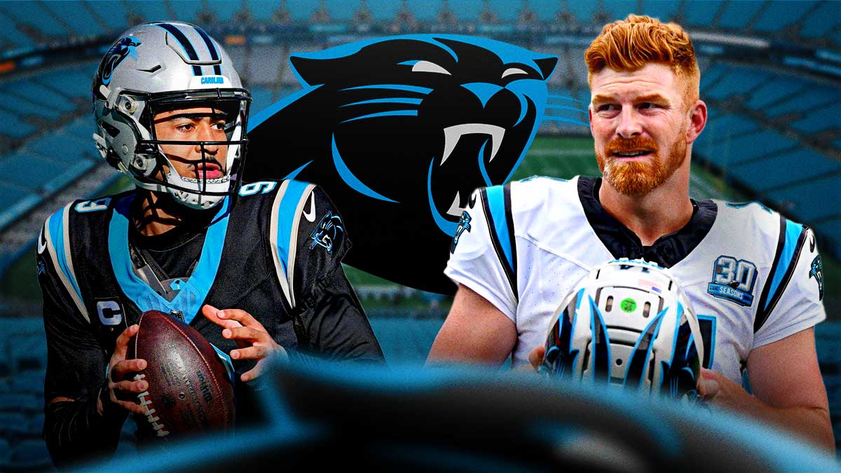 Panthers' Bryce Young throwing a pass next to Andy Dalton