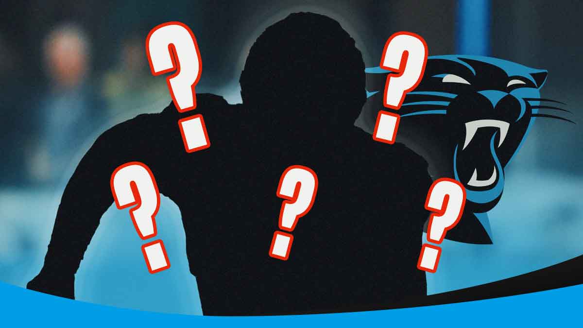 Dark silhouette of football player with Panthers logo and question marks all around