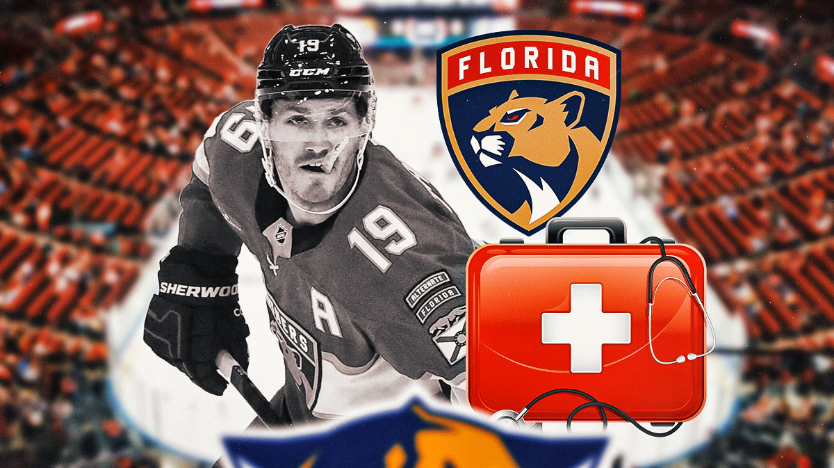 Panthers' Matthew Tkachuk greyed out with a medical kit next to a Florida Panthers logo
