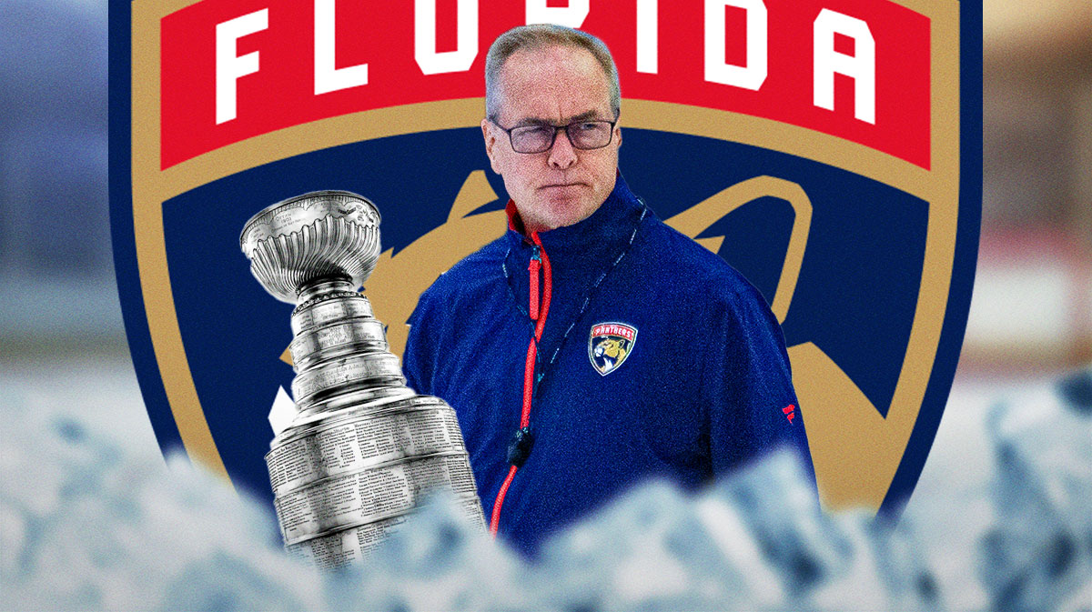 Paul Maurice hoisting the Stanley Cup, Florida Panthers logo, hockey rink in background