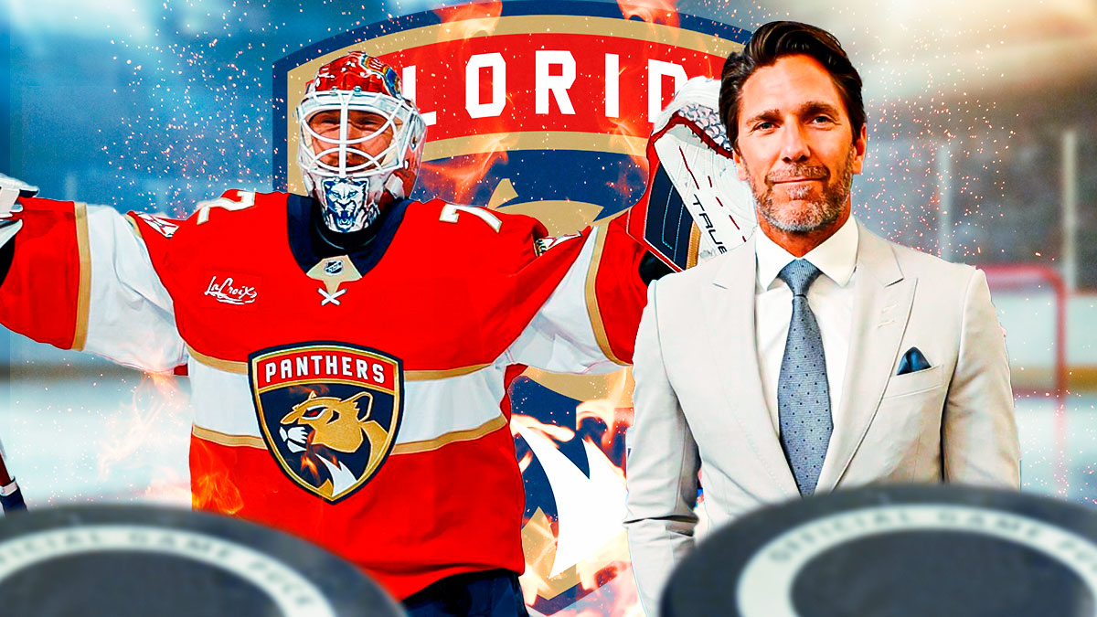 Sergei Bobrovsky looking happy with fire around him, Henrik Lundqvist looking impressed, Florida Panthers logo, hockey rink in background