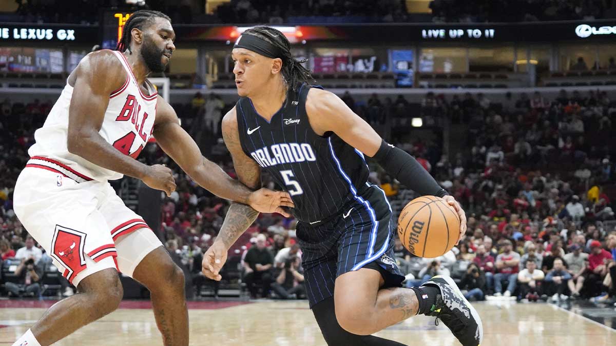 Chicago Bulls forward Patrick Williams (44) defends Orlando Magic forward Paolo Banchero (5) during the second half at United Center.