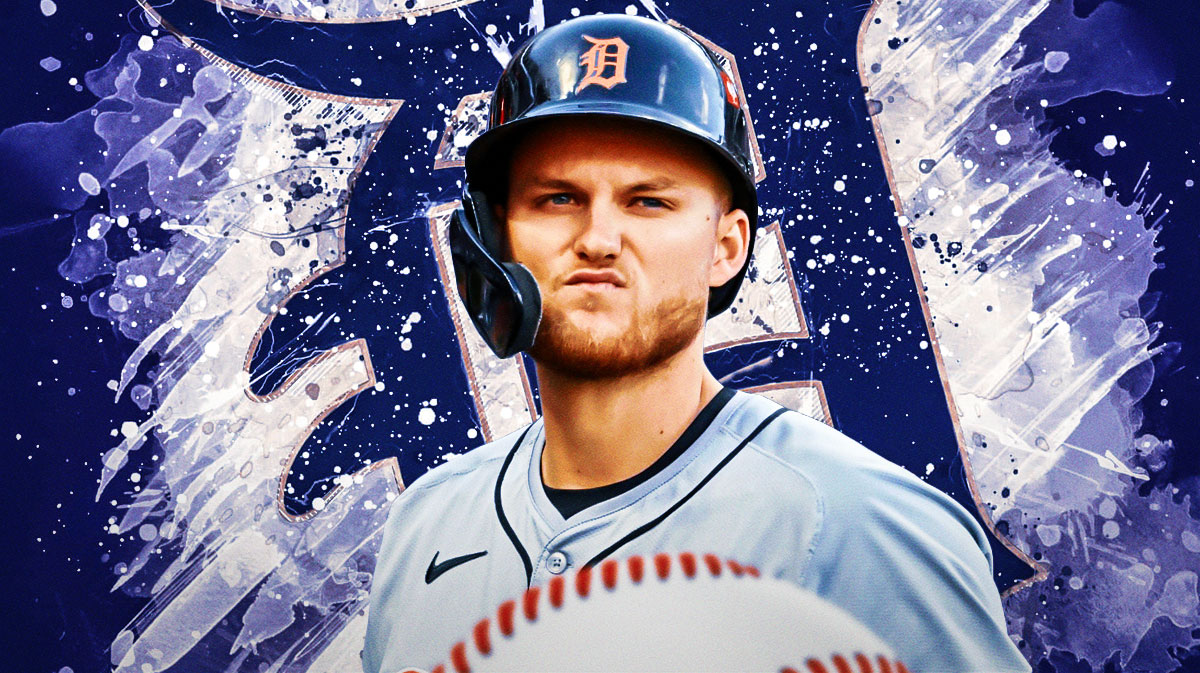 Tigers outfielder Parker Meadows next to the Tigers logo with the Tigers stadium in the background